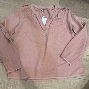 Barrymore Button Sleeve Blouse Ecru Small Dusty Rose Lightweight Cotton NEW